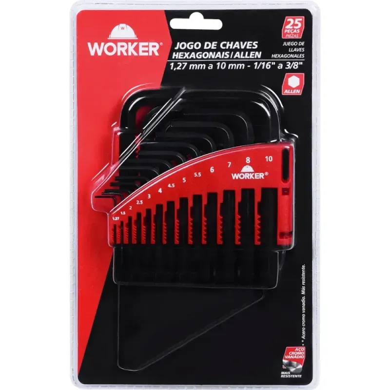 Jogo de Chaves Hexagonal em Cromo Vanádio 25 peças Worker