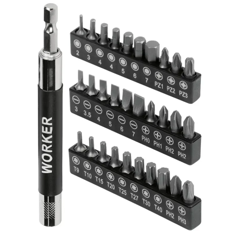 Jogo-de-Bits-para-Parafusadeira-com-31Pcs-1”-2540mm Worker-