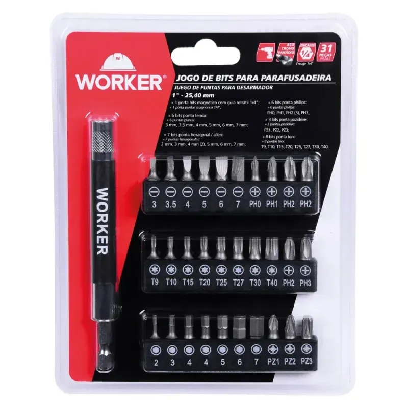 Jogo-de-Bits-para-Parafusadeira-com-31Pcs-1”-2540mm Worker-