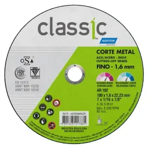 Disco de Corte Classic para Aço Inox 180x1,6mm AR102 Norton