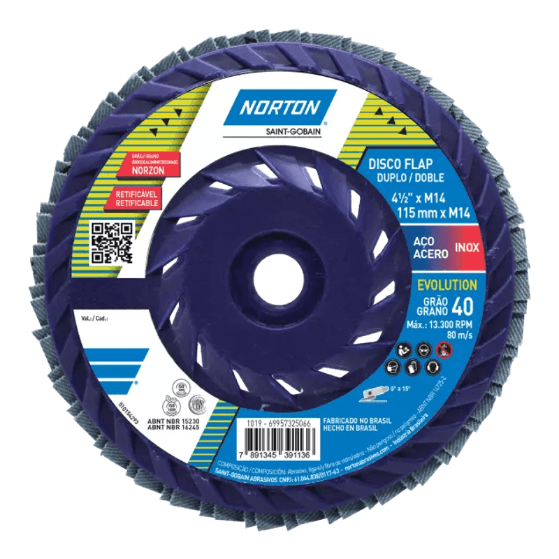 69957325066---FLAP-DISC-NORTON---AMARELO-EVOLUTION---RETIFICAVEL---GRAO-40---115-MM-X-M14---1019